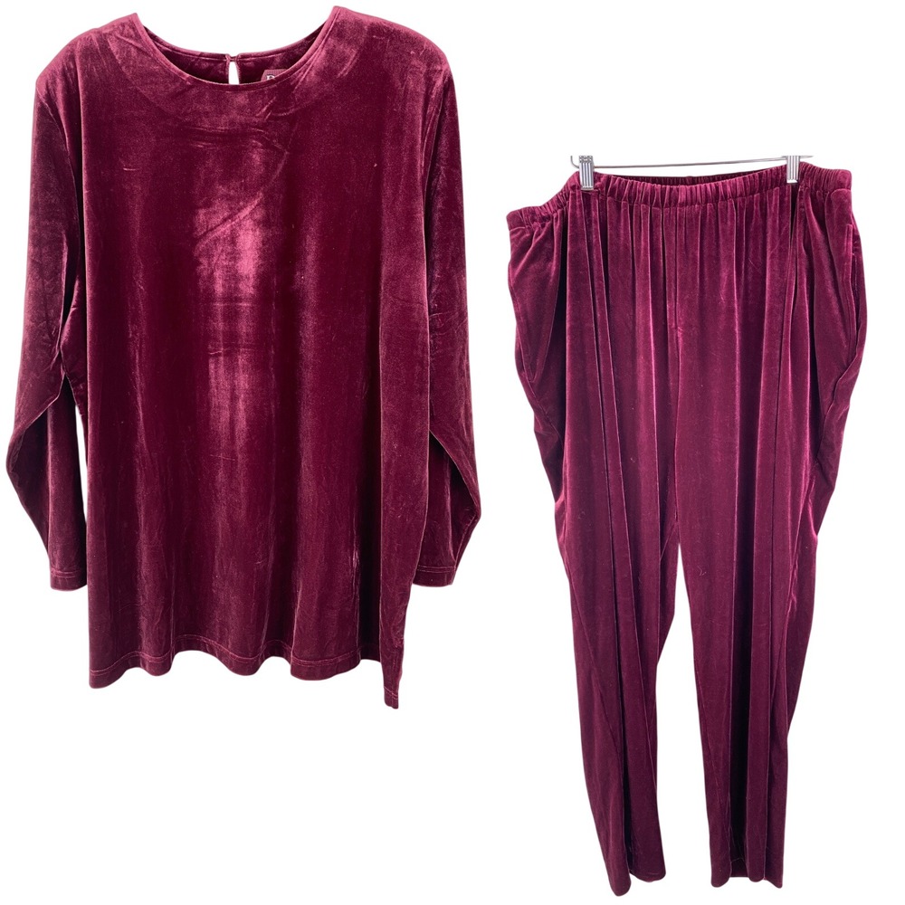 Denim & Co Velvet Track Suit Set 2X/3X Burgundy Top and Pants Loungewear Cozy